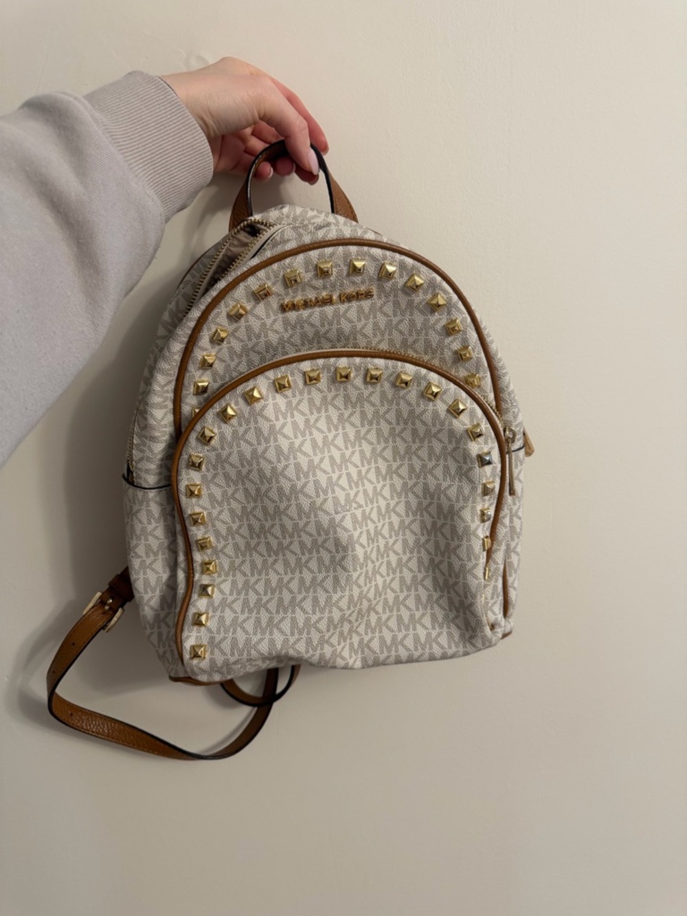 Michael Kors Cream Logo Mini Backpack with Gold Studs